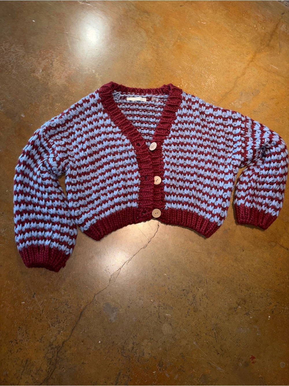 Altar'd State Burgundy and Light Blue Cropped Chunky Knit Cardigan